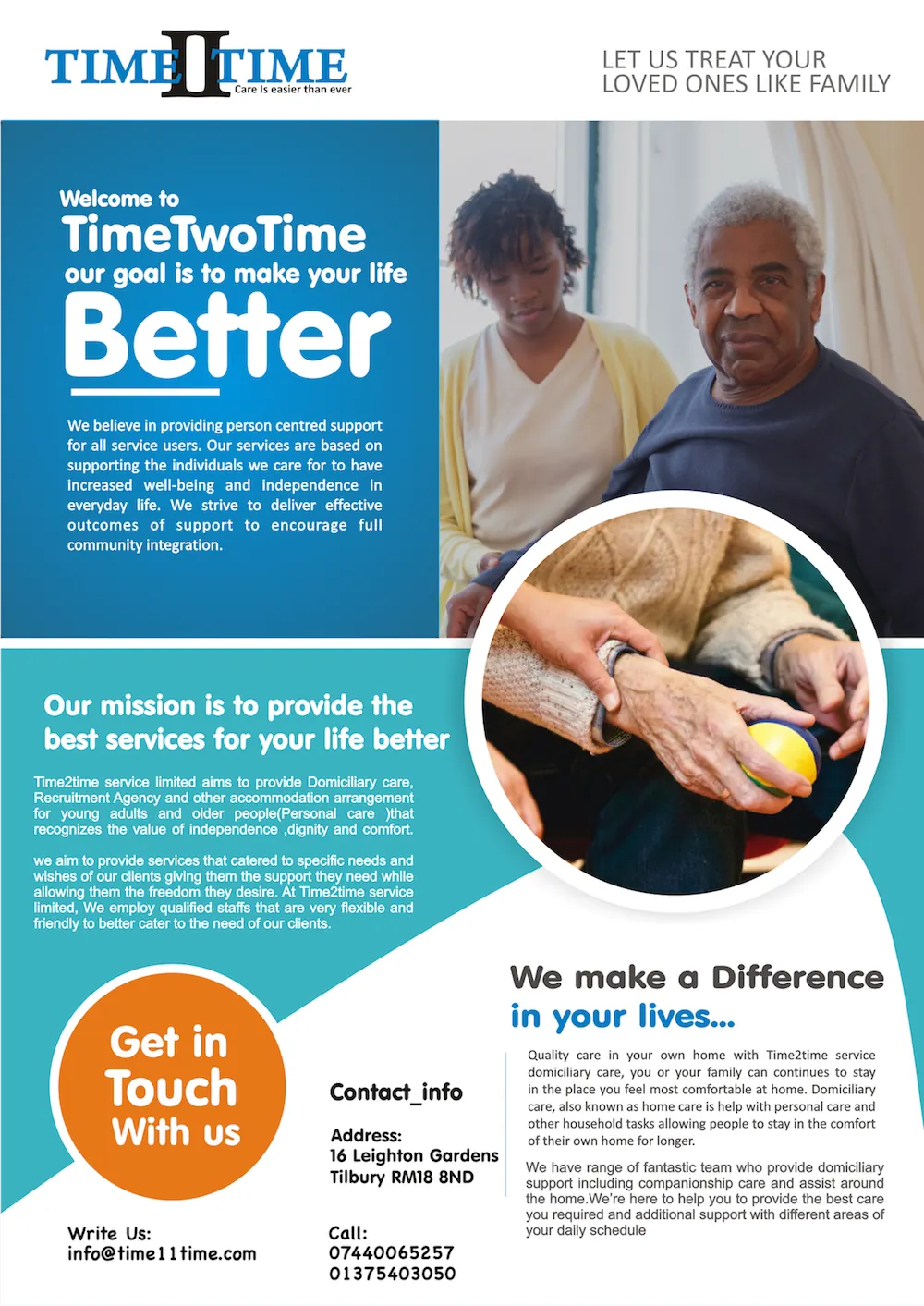 Time2Time flyer: Let us treat your loved ones like family. Contact 07440 065257, 01375 403050, info@time11time.com